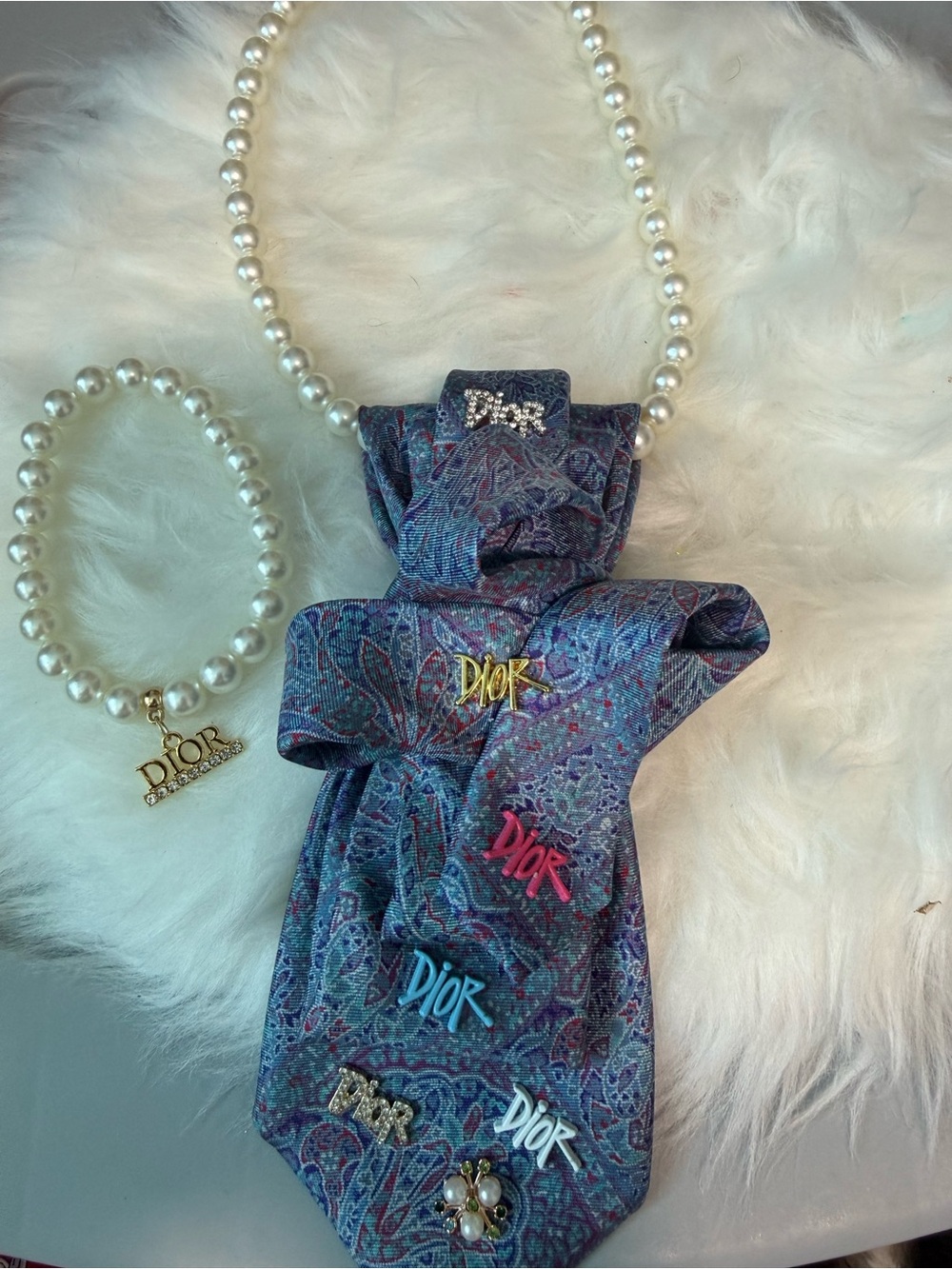 Dior Multicolor Logo Silk Scarf Necklace with Pearl Bracelet - Blue, Purple